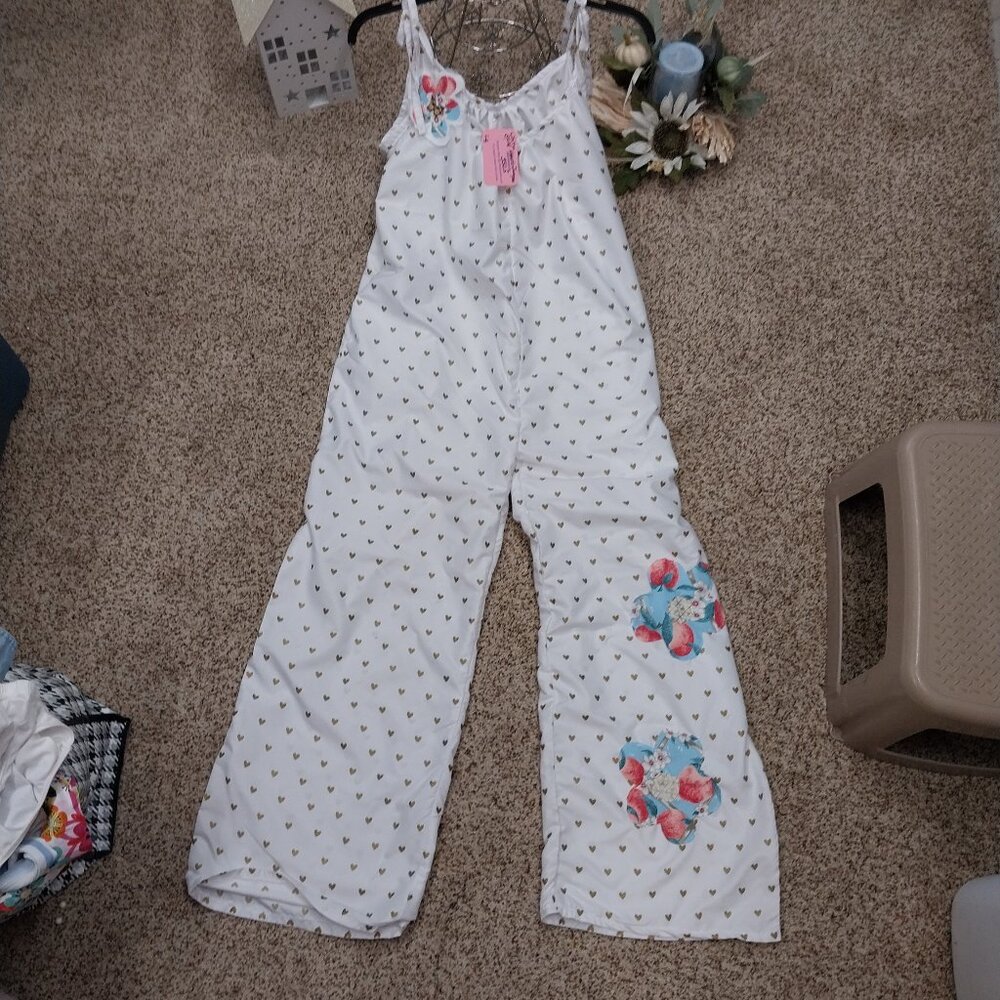 3505 Size Large Tie Shoulder Jumpsuit In White with Gold Hearts.